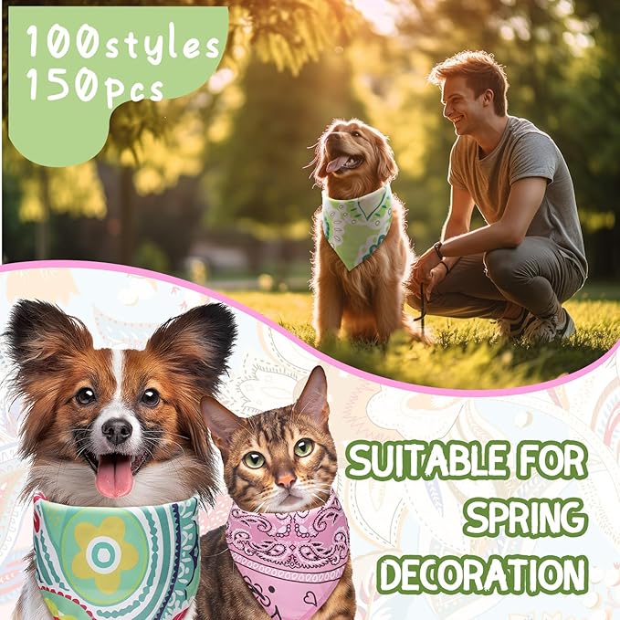 Huhumy 150 Pcs Paisley Dog Bandanas Bulk Pet Bibs Colorful Triangle Scarf Pet Paisley Bandanas for Medium Large Dogs Spring Summer Birthday Costume Decoration