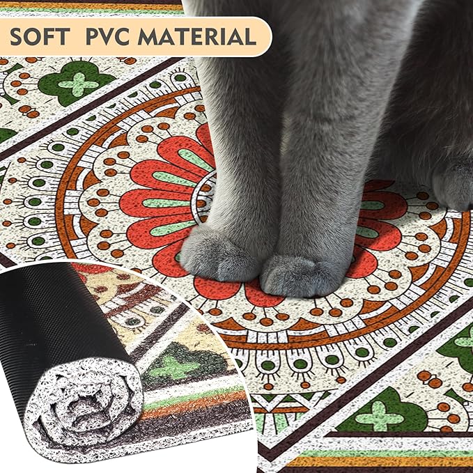 Bohemian Kitty Litter Mat 24"x17",Non-Slip Litter Box Mat, Washable Cat Litter Rug Catcher,Double-Layer Litter Trapping Mat for Scatter Control, Easy Clean Cat Food Mat & Floor Protector
