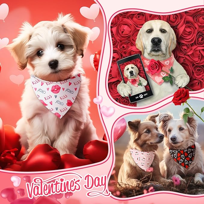Abbylike 200 Pcs Valentine Dog Bandanas Bulk Red and Pink Bandanas for Dogs Triangle Kerchief Bibs Scarf Set for Pet Valentine Costume Photo Props Accessories Pet Shops Groomer Owner, 25 Styles