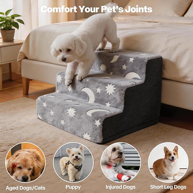 Pawise 3 Step Dog Stairs, Glow in The Dark Pet Steps, Non-Slip Dog Ramp with Zipper, Star Moon Pattern Plush Pet Stairs for Couch Sofa Bed, Indoor Portable Steps for Medium Large Dogs and Puppy