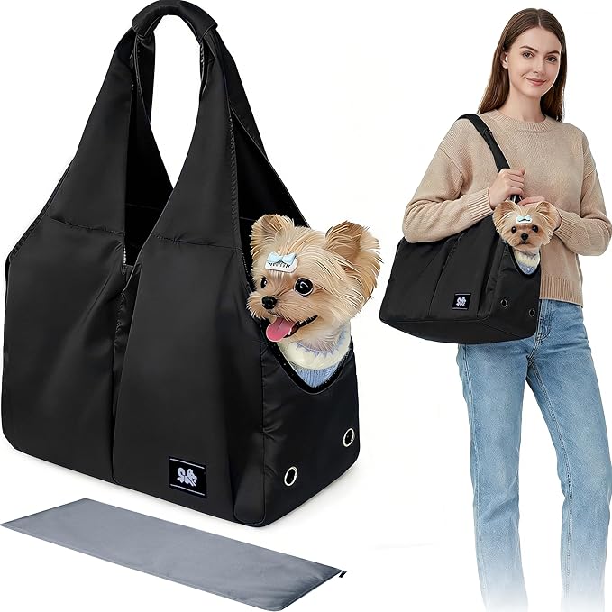 Dog Purse Carrier for Small Dogs Cats & Puppies, Soft-Sided Collapsible Pet Bag with 4 Large Pockets & Support Cushion, Breathable Lightweight Travel Carrier Fits Pets up to 13 lbs, Black