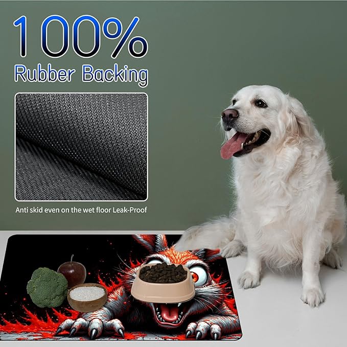 Dog Food Mat, 19.6" x 23.6" Absorbent Pet Feeding Mat for Food and Water, Waterproof Diatom Mud Pet Placemat with Non-Slip Rubber Backing, Easy Clean Cat Bowl Mat for Floors - Rat Flame