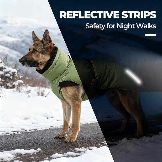 Dog Winter Coat, Warm Puffer Jacket with Fur-Safe Buckle & Leash Hole for Cold Weather, Water-Repellent Snow Vest, Breathable Thermal Apparel for Hiking & Active Dogs (Green, XX-Large)