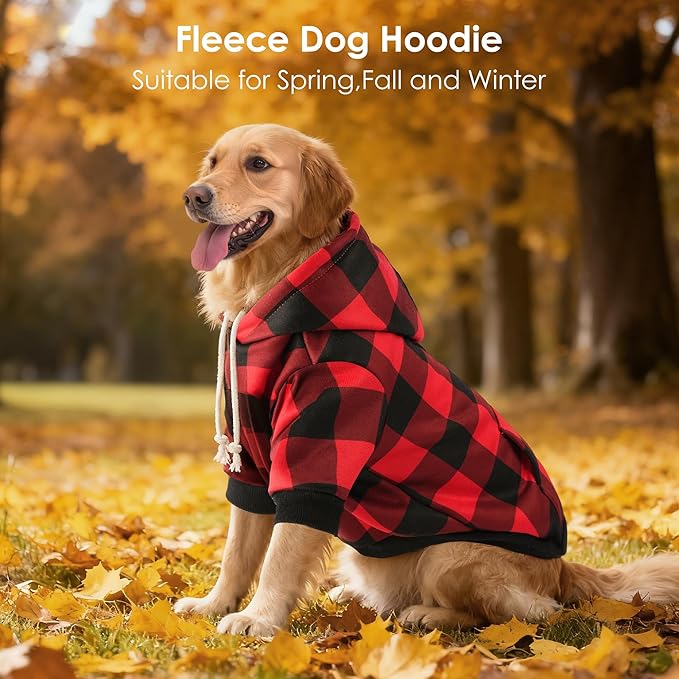 Dog Basic Hoodie Soft Dog Clothes Cold Weather Sweaters for Medium Large Dogs Cozy Fabric Warm Sweatshirt with Leash Hole for Boys (Red Plaid, Small (5-10 lbs))