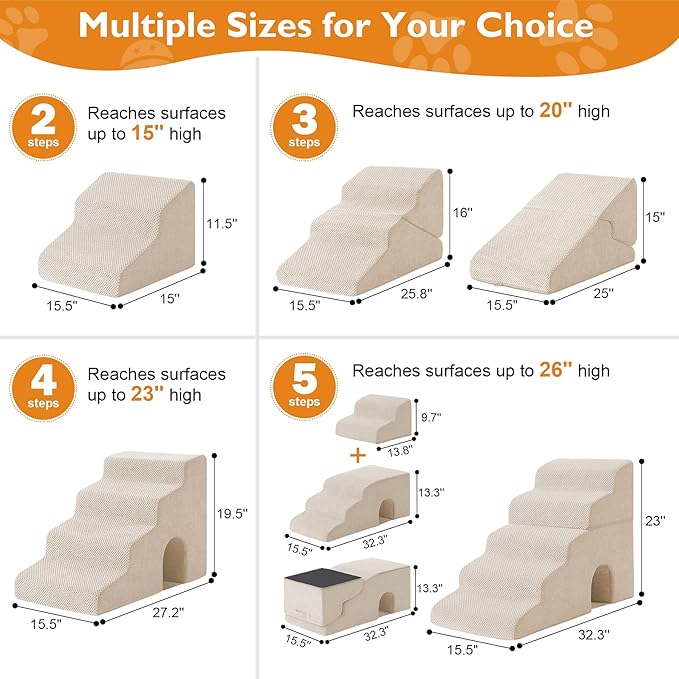 Dog Stairs for Small Dogs 16’’ H, 3-Step Dog Steps for Bed, Foldable Pet Stairs and Ramp for Dogs and Cats to Get on Beds, Couch, Non-Slip Balanced Pet Steps with Waterproof Cover, Beige