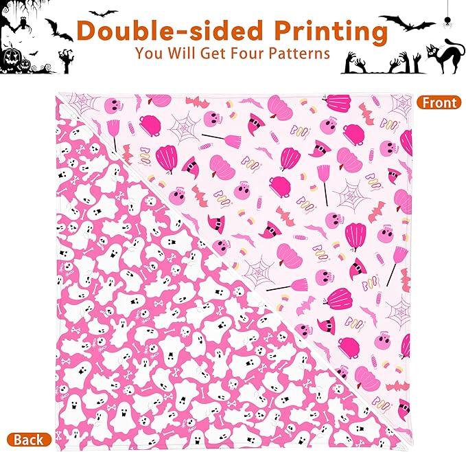 Halloween Dog Bandanas Reversible 2 Pack, Pink Pumpkin Ghost Bat Cute Halloween Pet Bandanas for Dogs Adjustable Triangle Holiday Scarves for Medium Large Extra Large Boy Girl Dogs