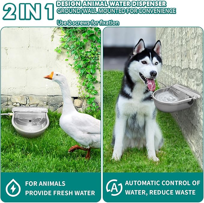 Automatic Water Dispenser for Dogs, Animal Drinking Water Bowl with 2 Float Valve,304 Stainless Steel auto self Filling Dog Water Bowl Dispenser Outdoor Livestock Water Bowl Kit for Chicken.