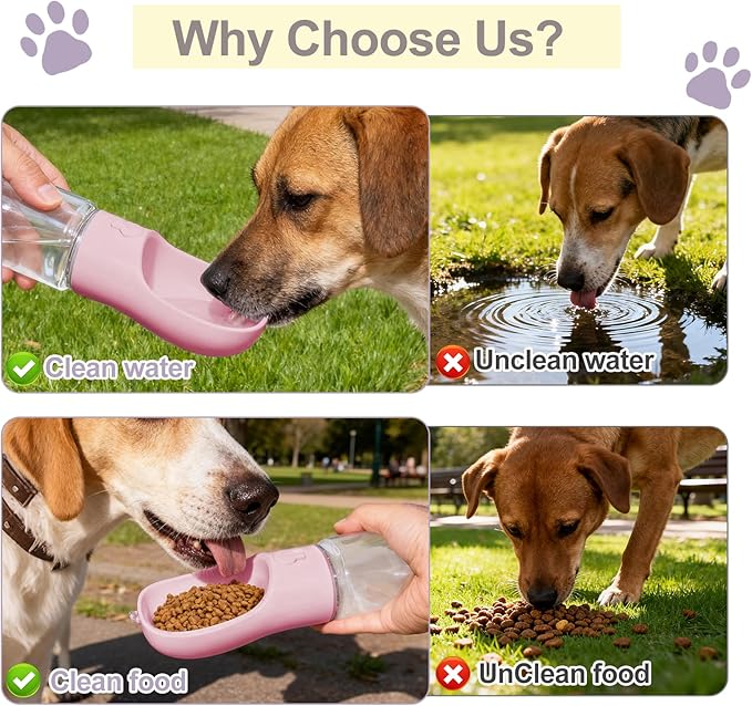 Portable Dog Water Bottle with Food Container, BPA Free Travel Water Bottle for Dogs, 2-in-1 Dispenser Drinking Feeder for Pets Walking, Hiking, Travel, Puppy Essentials, Pink, 12oz