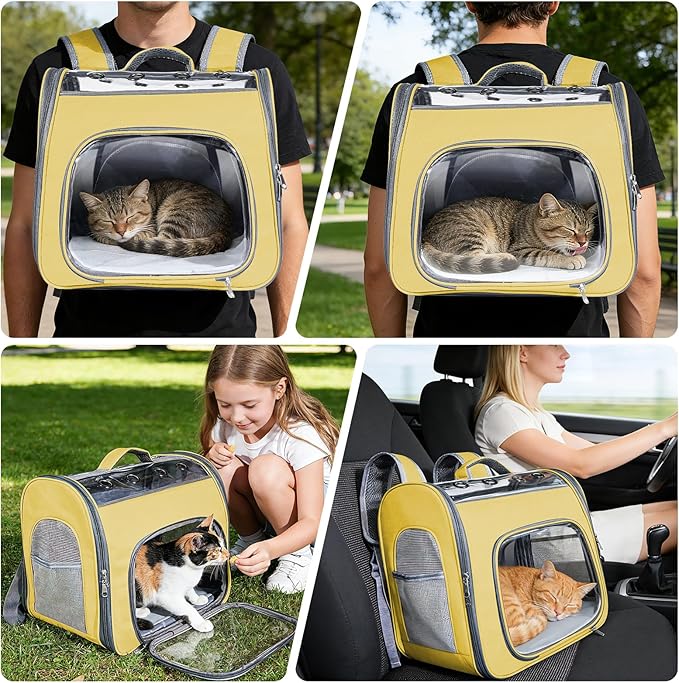 Cat Soft-Sided Carrier Backpack, Breathable Mesh Foldable Pet Travel Carrier with Reinforced Support, Portable Puppy Carrying for Kitty Up to 15lbs (Yellow)