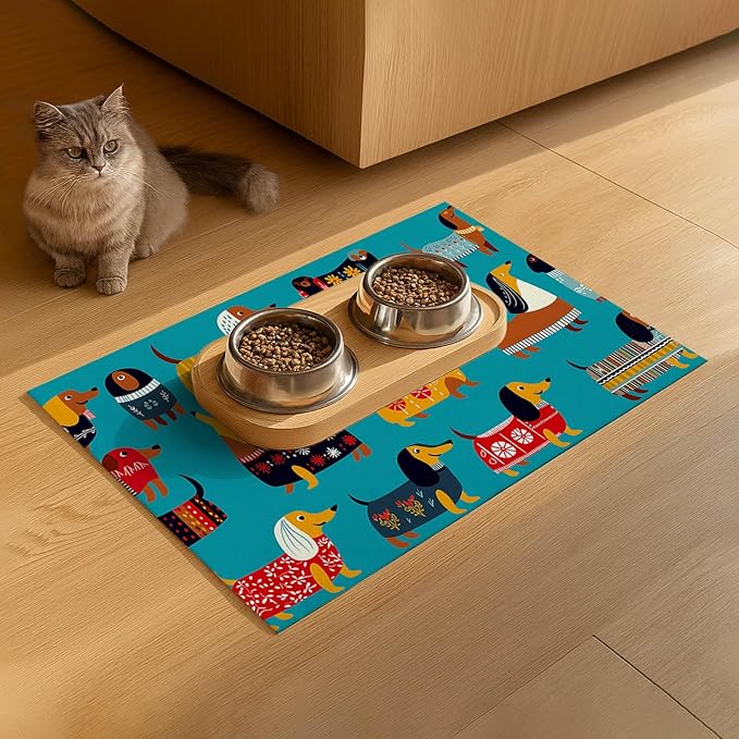 HOMETITUTE Dachshund Dog Design 24x16 inch Non Slip Dog Food Mat Pet Bowl Placemat for Food and Water Small Dog Bowl Mats Cat Food Mat Easy to Clean Feeding Mats for Small Pets Cute