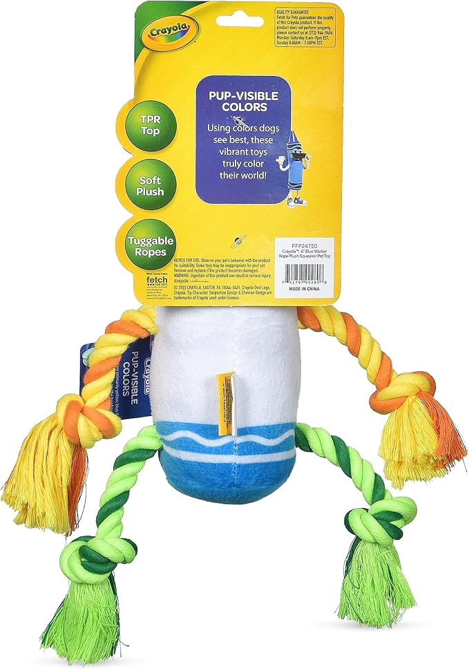 Crayola for Pets Blue Marker Rope Plush Squeaker Dog Toy, 6”, Pup-Visible Color Toys Dogs See Best, Mixed Material Enrichment Dog Toy with Chew Ropes, Rubber Cap, Plush Body with Squeaker