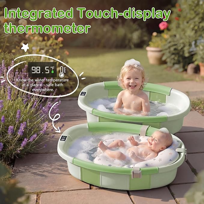 Collapsible Baby Bathtub - Large Baby Bath Tub with Thermometer | Bath Essential Bañera para Bebe Easy Fold Baby Tub | Travel Infant Newborn Toddler Bathtub for Baby Girl Boy 0 to 36 Months(Green)