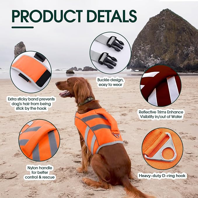 Kuoser Dog Life Jacket with Reflective Stripes, Dog Life Vest for Swimming Boating, Adjustable Pet Lifejackets with High Flotation, Doggie Swimsuit for Small Medium Large Dogs