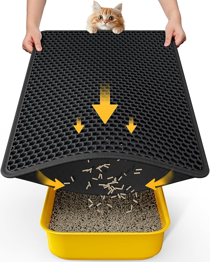 Cat Litter Mat - 30'' x 24'' Large Litter Trapping Mat, Easy to Clean Litter Box Mat, Waterproof, Urine-Proof, Non-Slip, Cat Toilet Training Systems Accessories, Black