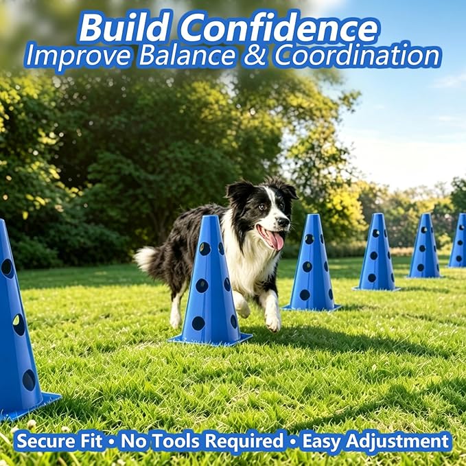 Dog Agility Hurdle Cone Set, Adjustable Height Dog Agility Course for Backyard Training, 12 Cones with PVC Crossbar, 3 Height Levels (12 Pack)