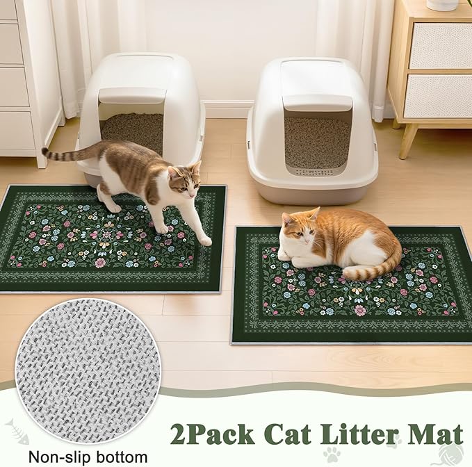 Bienbee Cat Litter Mat, 2PCS 33"x22" Machine Washable Litters Box Mats Non-Slip &Waterproof Cat Litters Trapping Mats Easy to Clean Mat for Litter Box Less Waste Protects Floors Dark Green L