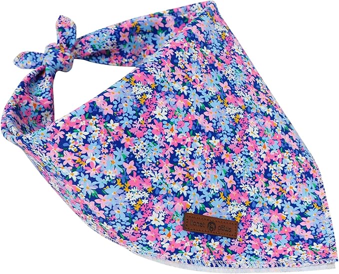 Lionet Paws Spring Summer Oxalis Dog Bandana Washable Cotton Handkerchief Scarf Triangle Blue Flower Bandana for Small Medium Dogs Girl Boy
