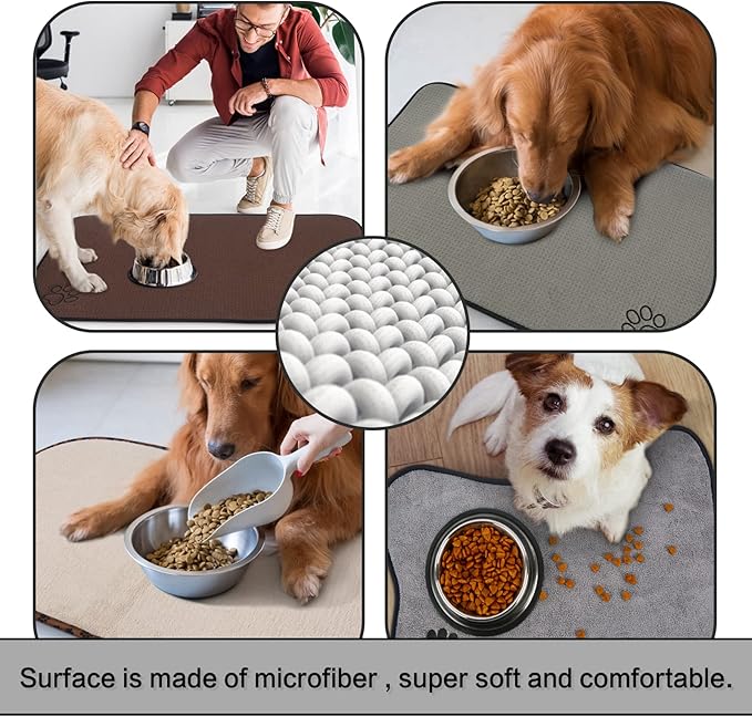 SINLAND Microfiber Extra-Large Pet Food Mat Dish Drying Mat Dog Feeding Mats Pet Bowl Mat with Anti-Skid Backing 21 Inch x 32 Inch Brown