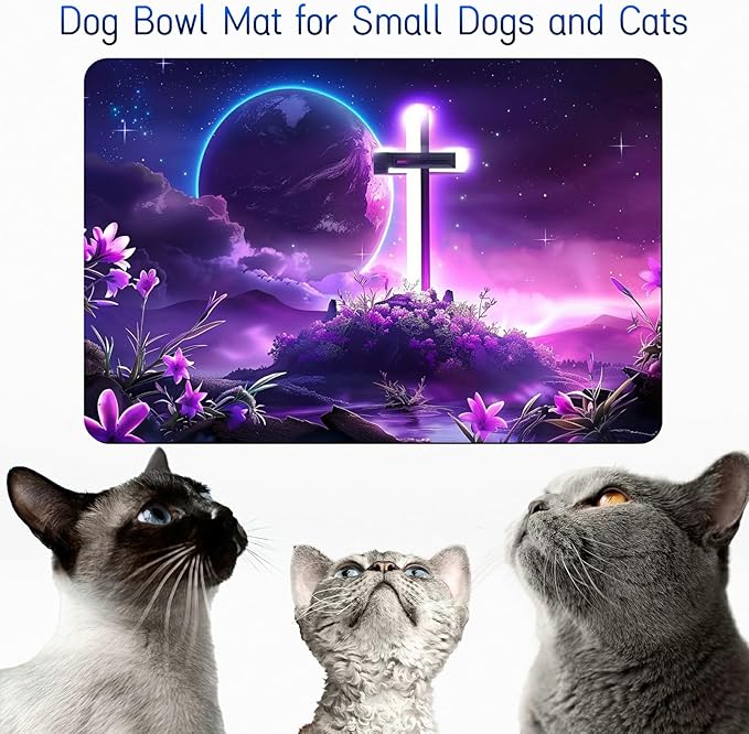 Dog Food Mat, 15.7" x 23.6" Absorbent Pet Feeding Mat for Food and Water, Waterproof Diatom Mud Pet Placemat with Non-Slip Rubber Backing, Cat Bowl Mat for Floors - Purple Sky Flower