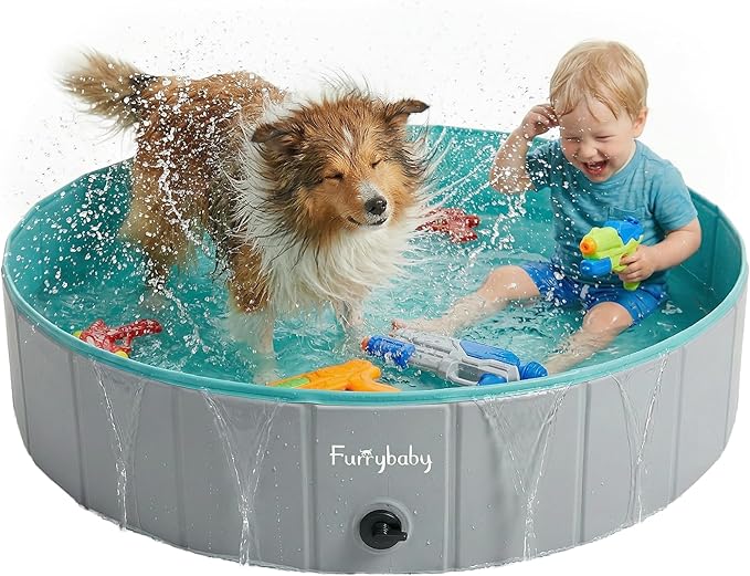 Furrybaby Dog Pool, Kiddie Pool with Hard Plate Collapsible Pet Bath Foldable Swimming Pet Pool Portable Grey 39''