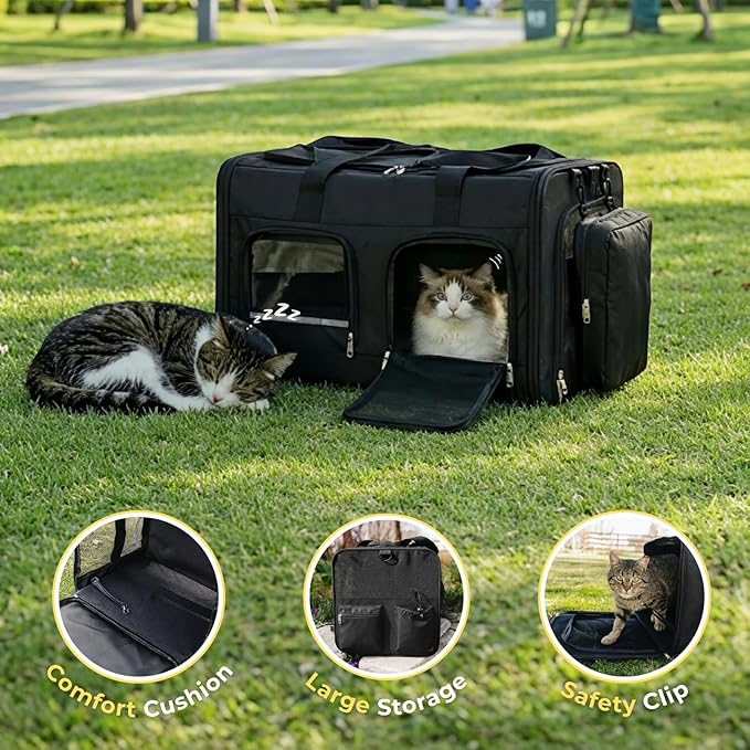 Extra Large 3-in-1 Cat Carrier for 2 Cats, with Removable Divider, Superior Ventilation, Portable Soft Sided Double Cat Carrier Large, Hair Removal Glove, 2*Bowl, Extra Side Storage Bag Included