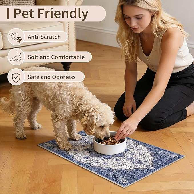 Boho Dog Feeding Mat, Absorbent Cat Matt for Food, Non Slip Pet Water Bowl Placemat Small for Floor, Cream & Dark Blue Indoor Dog Eating Dish Mat 12"x20"