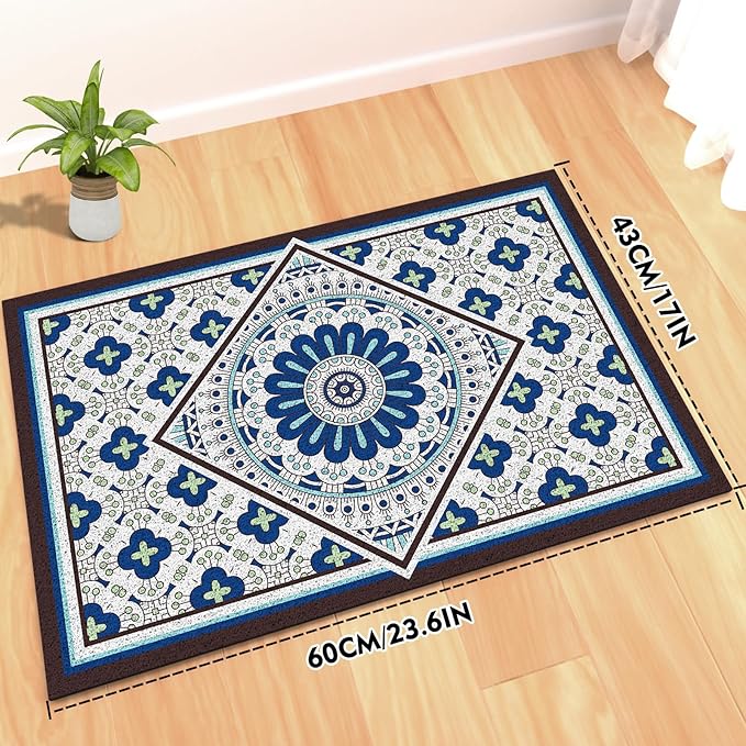 Bohemian Kitty Litter Mat 24"x17",Non-Slip Litter Box Mat, Washable Cat Litter Rug Catcher,Double-Layer Litter Trapping Mat for Scatter Control, Easy Clean Cat Food Mat & Floor Protector