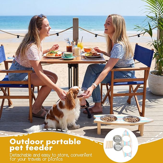 Elevated Puppy Bowls Raised Cat Bowl Holder, 17" x 4.3" Stand Sturdy Surfboard Pet Feeder with Two Detachable Stainless Steel Bowls Suitable for Cats Kittens Puppies