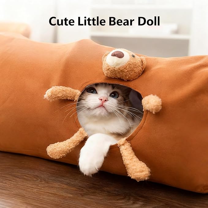 Cat Tunnel for Indoor Cat Tube Collapsible Cat Tunnel Bed with Hanging Ball,Play Tunnel for Kitten,Kitty,Puppy,Rabbit,Funny Interactive Cat Toy Gift for Cat Lover(Bear,31.5″x10″x10″)