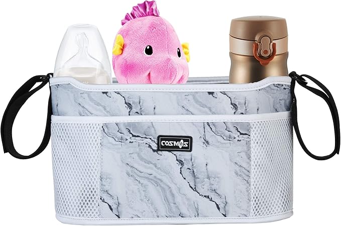 CM Stroller Organizer Diaper Bag Stroller Accessories Pack with Drink Holders and Zipped Pockets for Baby Stroller, Car, Shopping Cart. Fits All Major Strollers. (Marble White)