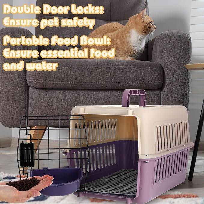 2 Set Hard Plastic Pet Carrier Breathable Dog Cat Kennel with Metal Door Bowl Grille Mat Pet up to 14 Lbs Carrier for Walking Camping Vet Visits Travel, 17.3"L x 11.8"W x 10.6"H(Purple White)