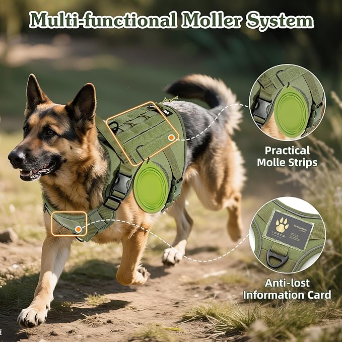 VavoPaw Heavy Duty Tactical Dog Harness for Small Dogs, No Pull Adjustable Pet Harness Reflective Service Training Easy Control Pet Vest Military K9 Working Dog Harnesses, Army Green, S