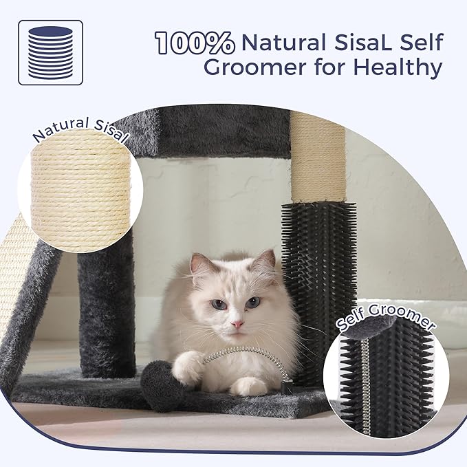 Cat Tree for Large Cats with Scratching Post, Small Cat Tower with Spacious Top Bed 20x13.8” Private Cat Condo and Ramp and Self Groomer and Spring Ball-Dark Grey