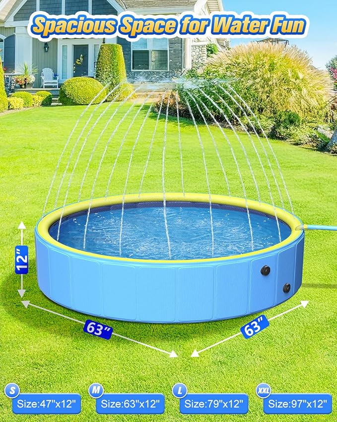 Yivsen 63in Sturdy Dog Pool with Sprinkler, 2-in-1 Non-Slip Kiddie/Kids Pool Hard Plastic, Foldable Dog Sprinkler Pools for Large Dogs, Portable Pet Swimming Pool for Summer Outdoor Backyard
