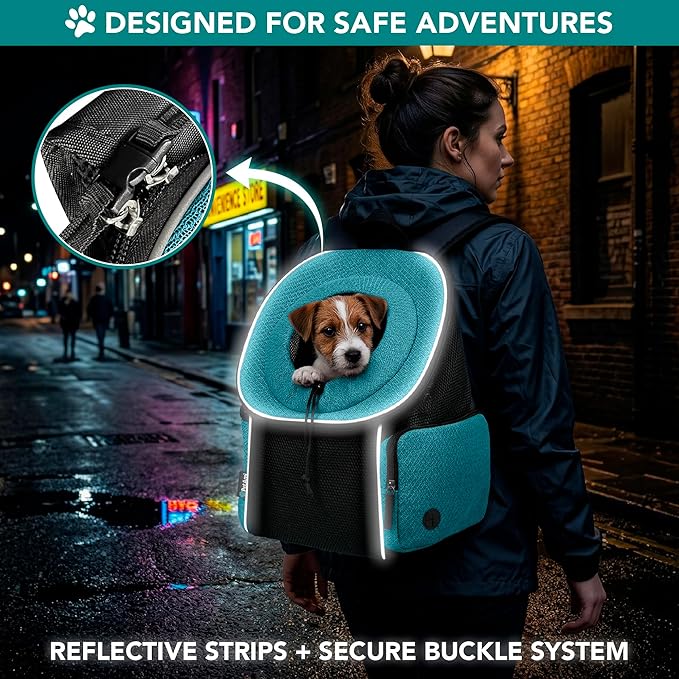PetAmi Dog Carrier Backpack, Hands Free Front Pet Carrier for Small Cats Puppies, Adjustable Ventilated Reflective Pet Travel Bag for Hiking Camping Biking Walking, Up to 10 lbs, Teal Blue