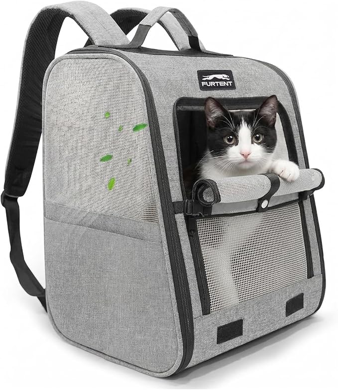 Pet Backpack Carrier for Small Dogs and Cats, Comfortable Portable Cat Bag for Travel Use with Ventilated Mesh, Safety Strap, and Easy-Clean Waterproof Fabric, Grey