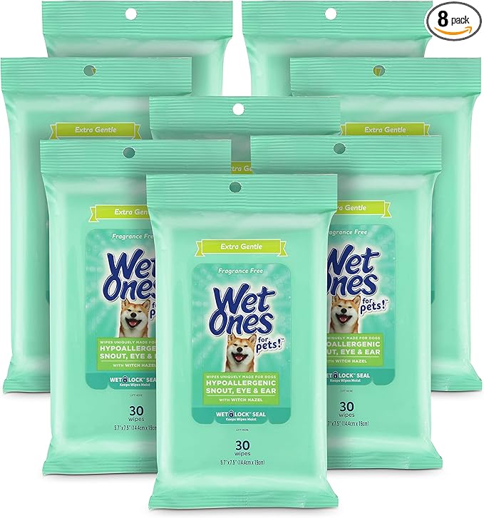 Wet Ones for Pets Extra Gentle Dog Wipes with Witch Hazel - Fragrance-Free, Hypoallergenic Pet Grooming Wipes for Snout, Eye, and Ear Areas, Sensitive Skin, 30 Count - 8 Pack