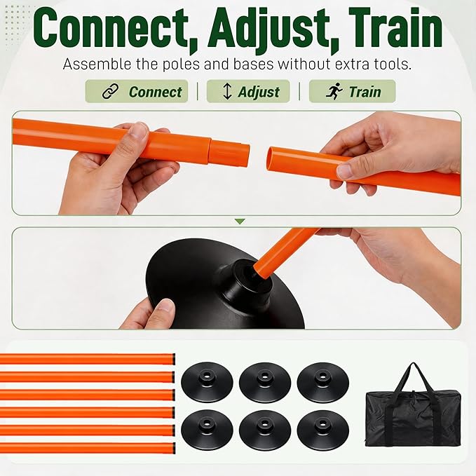 6 Pack Soccer Agility Training Poles, 5 FT Adjustable Speed and Agility Training Equipment for Football/Basketball/Dog Practice, Bending Poles for Horses with Rubber Bases and Carry Bag