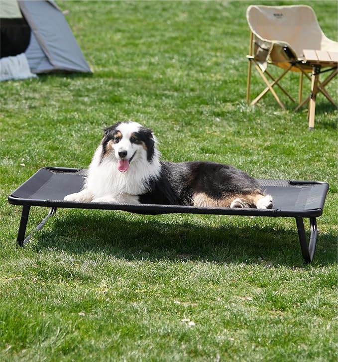 Made4Pets Outdoor Elevated Dog Bed for Large Dogs - Cooling Raised Pet Cot with Skid-Resistant Feet, Tool-Free Setup, Chew-Resistant Frame, Washable Mesh Hammock, Indoor & Outdoor Use, 42"x28", Black