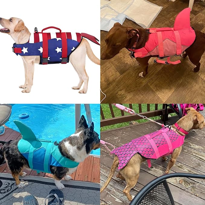 Malier Dog Life Jacket, Ripstop Dog Life Vest with High Buoyancy for Swimming Boating, High Visibility Shark Puupy Lifesaver for Small Medium Large Dogs (Pink #1, Large)