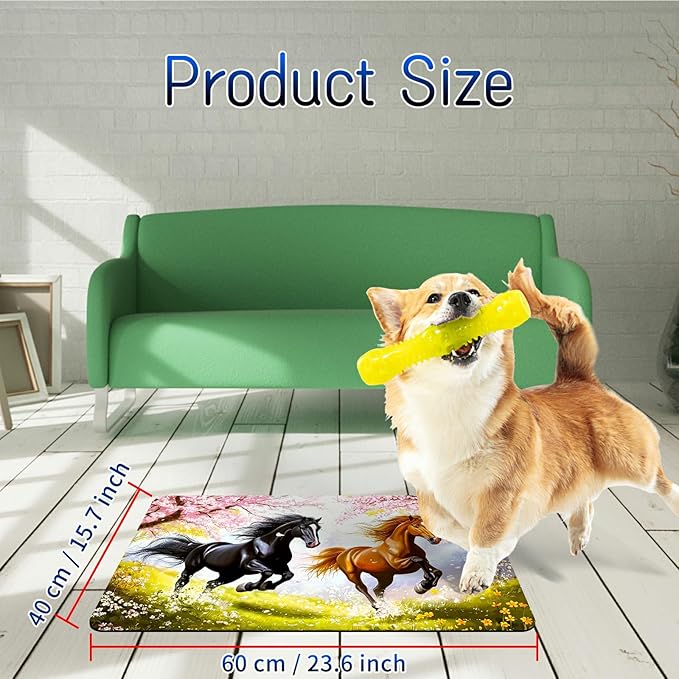 Dog Food Mat, 15.7" x 23.6" Absorbent Pet Feeding Mat for Food and Water, Waterproof Diatom Mud Pet Placemat with Non-Slip Rubber Backing, Cat Bowl Mat for Floors - Black Yellow Horse