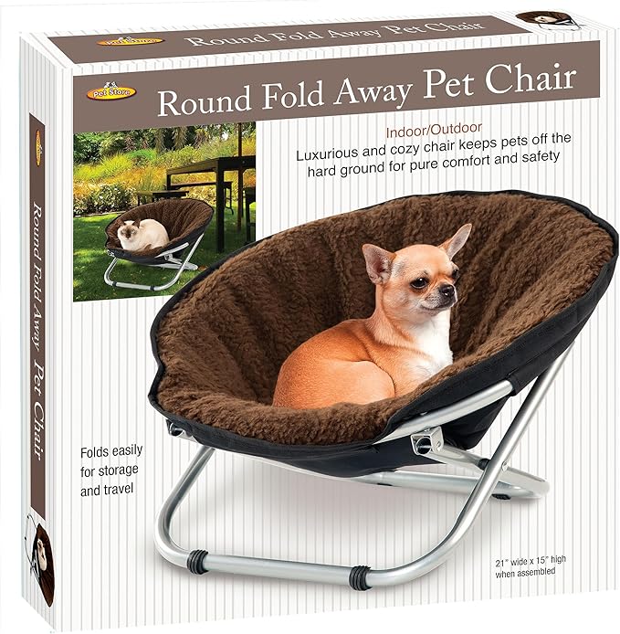Etna Folding Pet Cozy Chair - Portable Round Fold Out Elevated Cat Bed - Brown Fleece Top Cushion - Papasan Chair for Small Dogs