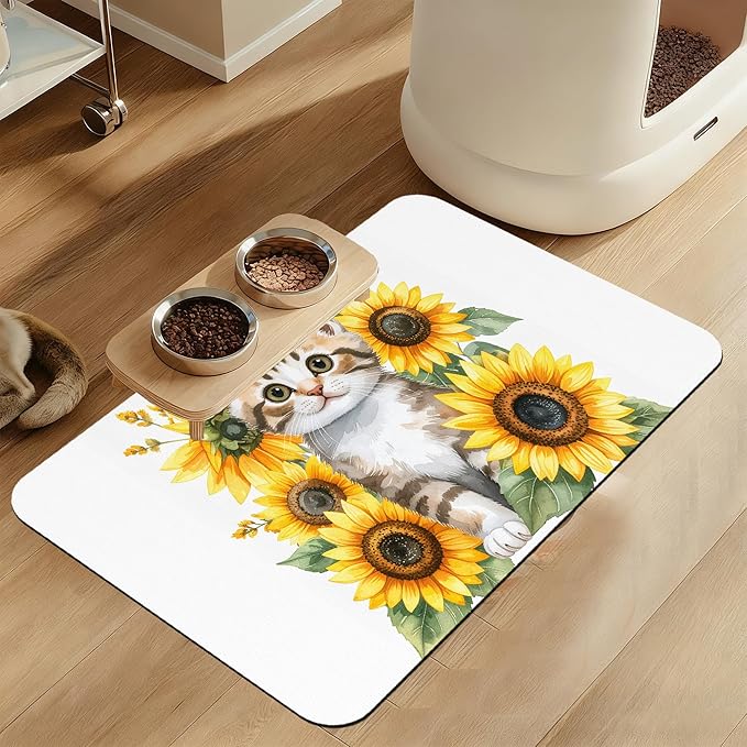 Cute Cat Sunflower Pet Feeding Mat for Floors–Absorbent Quick Dry Dog Cat Bowl Mat for Food and Water, Non Slip Waterproof Base, Mess-Free Feeding Accessories 16"x24"