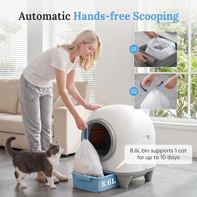 Greesum Smart Self-Cleaning Cat Litter Box, Fully Enclosed Automatic Litter Box with App Control, Safety Sensors& Large Capacity for Multi-Cat Homes, Includes Waste Bags & Mat