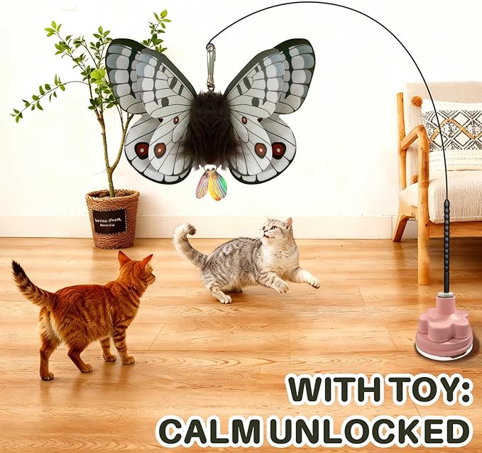 Walfront Cat Toys Interactive Teaser Wand, Butterfly Attachment with Pink Petal Suction Cup Base, Realistic Butterfly & Feather for Independent Play or Interactive Bonding with Cats & Kittens