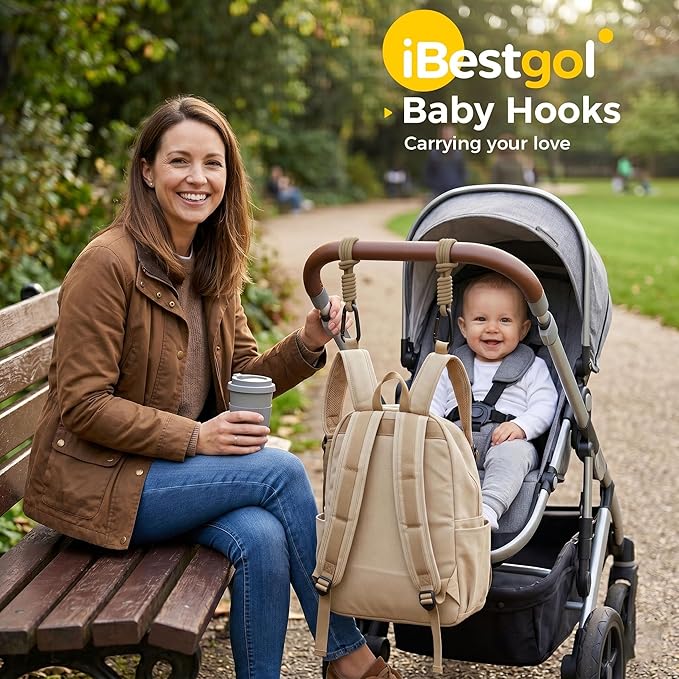 Baby Stroller Hooks, Universal Clips for Diaper and Mommy Bags, Heavy-Duty Hangers with Straps, Practical Stroller Accessory for Moms, Pink-2pc