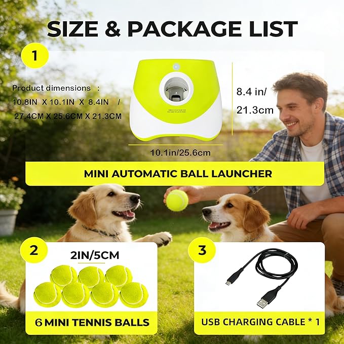 OYE Dog Ball Launcher, Automatic Balls Thrower with 6 Balls for Dog, 2 Tennis Balls Throwing Machine with 10-30 ft Throw Distance, Interactive Pet Toys for Small and Medium Dogs (Green)