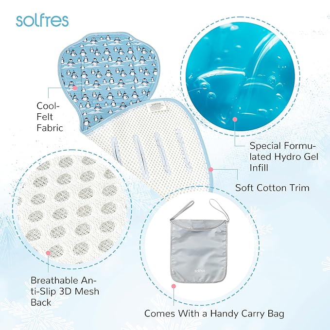 Solfres Hydro Gel Car Seat Cooler Mat with Ice Pack for Baby. Carseat and Stroller Cooling Pad Liner with Breathable 3D Mesh Anti-Slip Back. for Kids Toddlers, Blue Penguin
