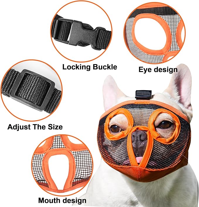 Short Snout Dog Muzzles- Adjustable Breathable Mesh Bulldog Muzzle for Biting Chewing Licking Training Grooming Dog Mask (Orange, Small/9"-12")