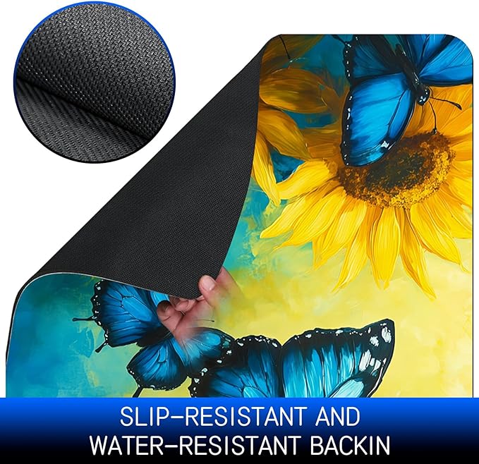 Dog Food Mat, 19.6" x 23.6" Absorbent Pet Feeding Mat for Food and Water, Waterproof Diatom Mud Pet Placemat with Non-Slip Rubber Backing, Cat Bowl Mat for Floors - Blue Butterfly Sunflower